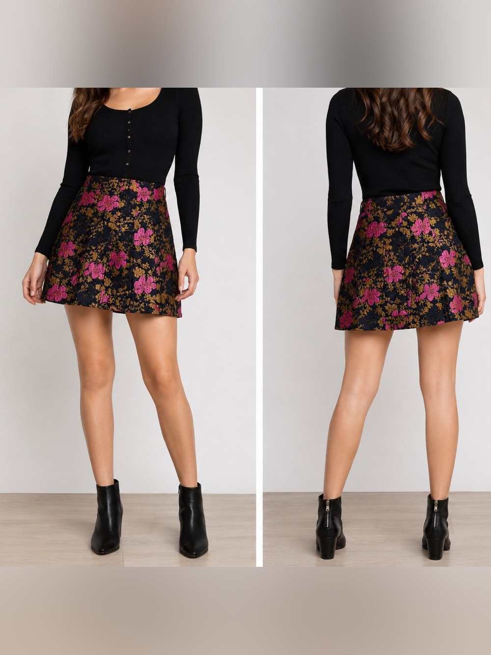 Leith Floral Mini Skirt XS Black Pink Gold A-Line Pleated Polyester Women
